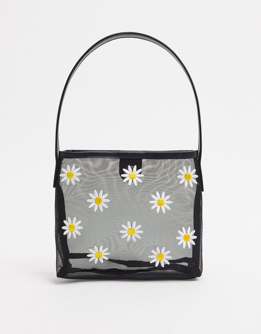 Monki – Delphi – Svart väska med broderade blommor