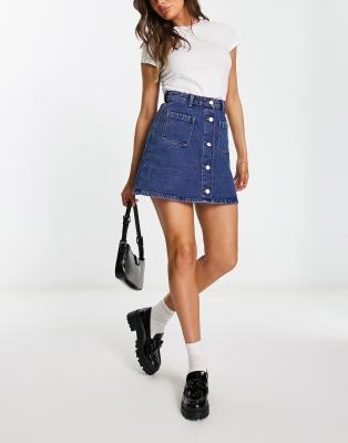 Monki Monki denim button through mini skirt in mid blue wash