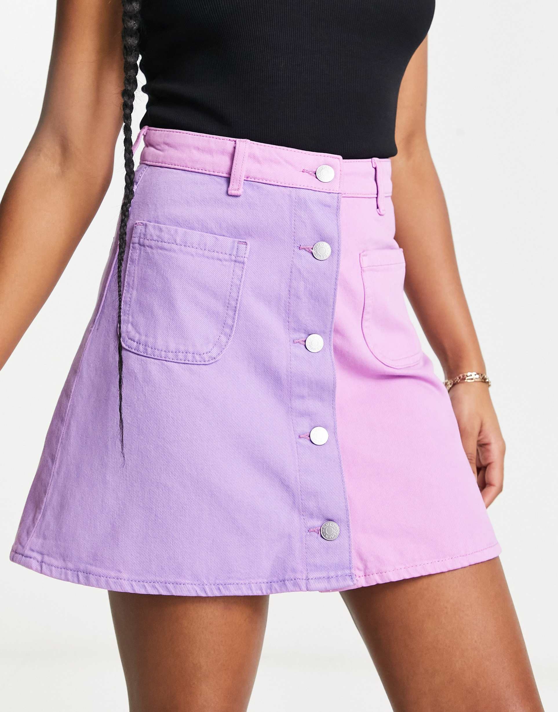 monki denim color block mini skirt in lilac