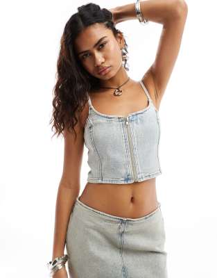 Monki Denim Crop Top With Front Zip Up In Mid Light Beige Dusty Tint - Part Of A Set-neutral