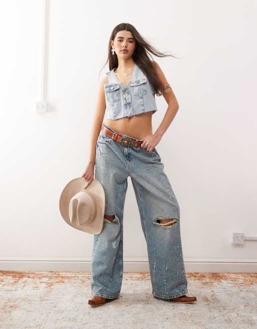 Monki denim cropped waistcoat in light blue wash