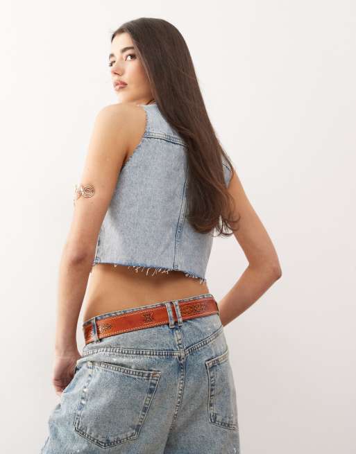 Monki denim cropped waistcoat in light blue wash