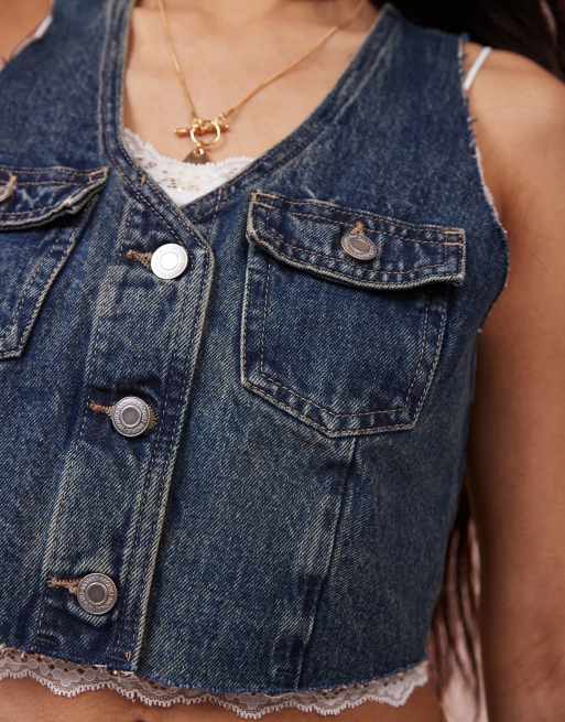 Monki denim cropped waistcoat in mid blue, 2 of 4