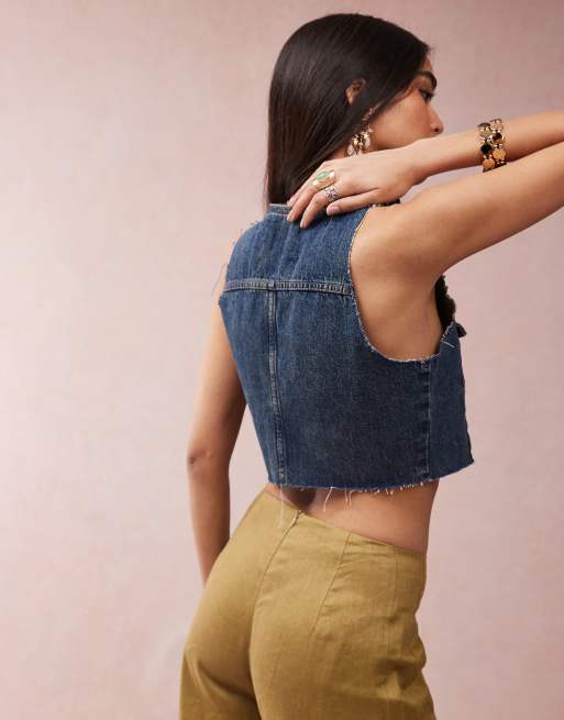 Monki denim cropped waistcoat in mid blue, 4 of 4