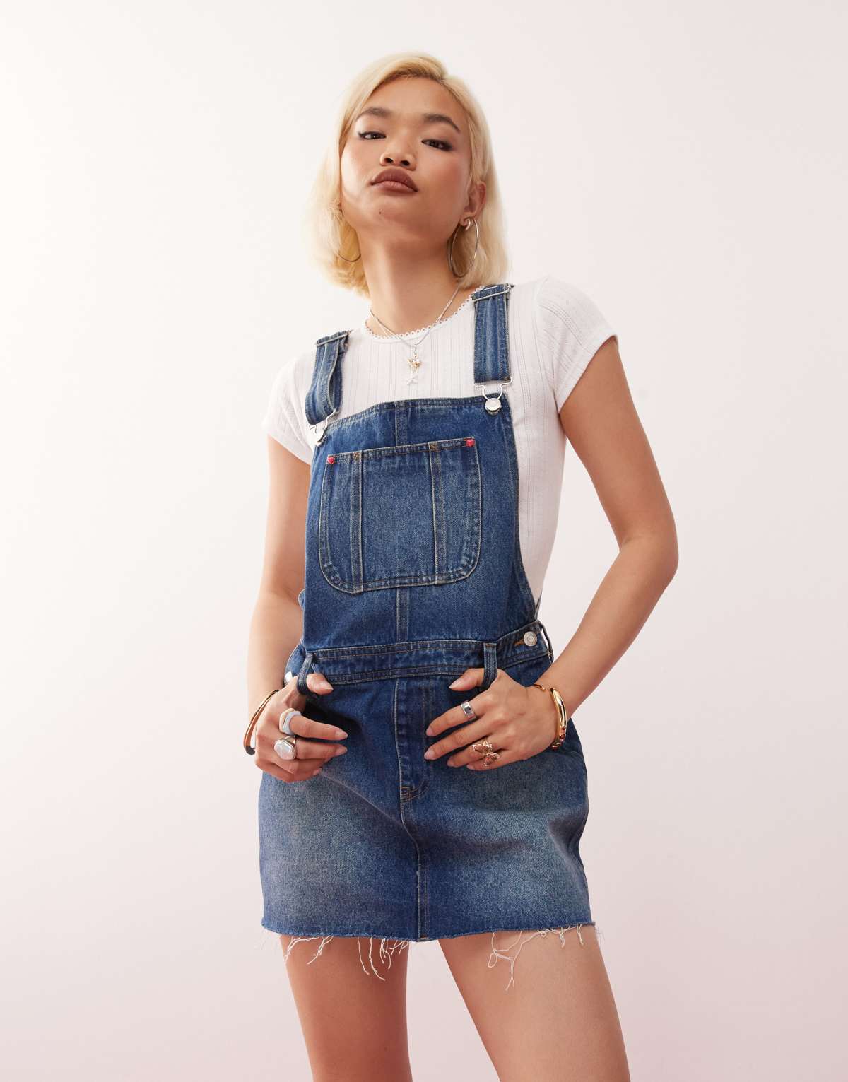 Monki denim dunagree mini dress in blue wash