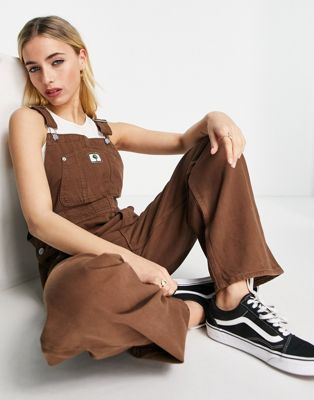 Monki denim dungarees with cherry motif in brown
