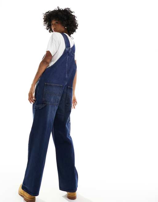 Monki denim dungarees with strawberry embroidery in mid wash blue