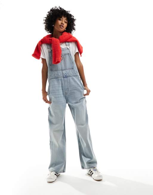 Monki denim dungarees with strawberry embroidery in tinted dirty wash blue