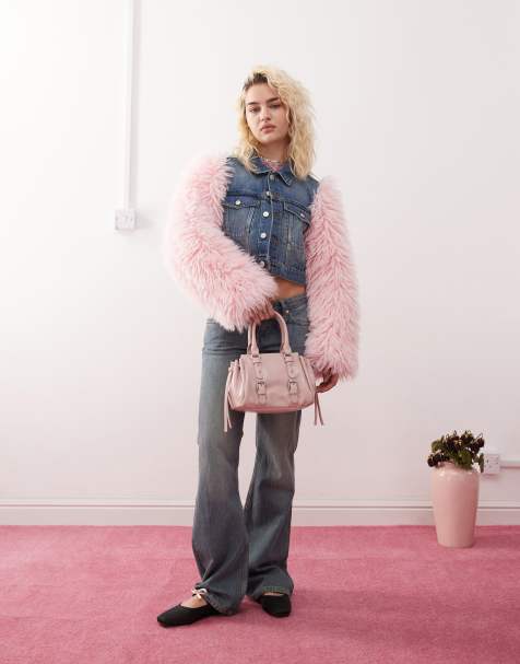 Monki denim jacket in mid wash blue with pink faux fur sleeves - view 1