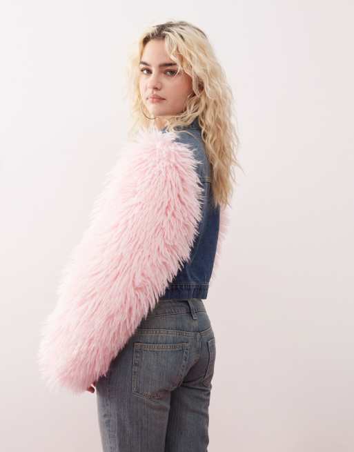 Monki denim jacket in mid wash blue with pink faux fur sleeves