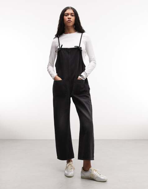 Monki - Denim jumpsuit met wijde pijpen in zwarte wassing - view 1