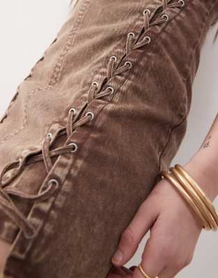 Monki Denim Lace Up Mini Dress In Brown