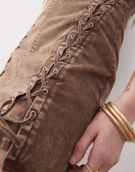 Monki denim lace up mini dress in washed brown