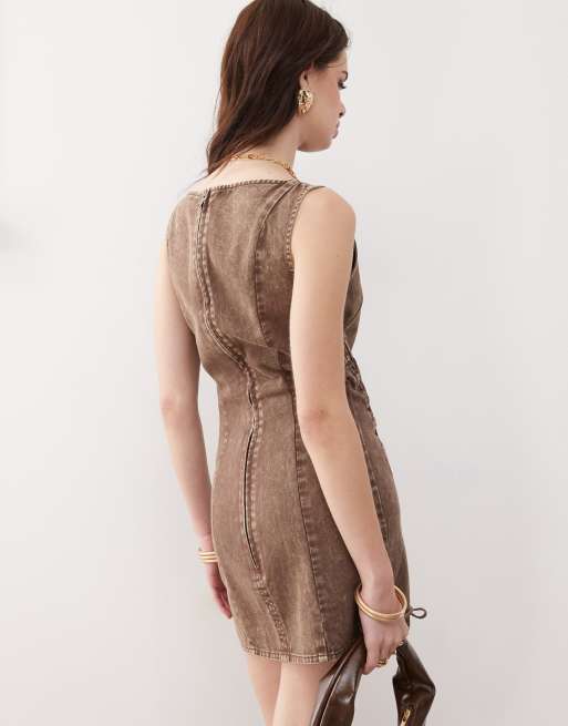 Monki denim lace up mini dress in washed brown