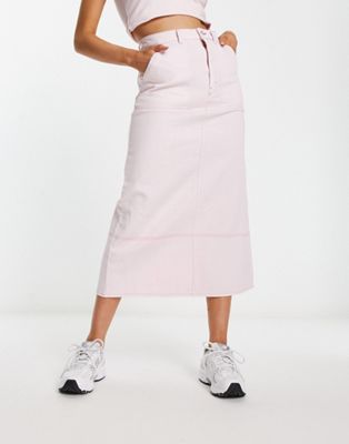 Monki denim midi cargo skirt in pink