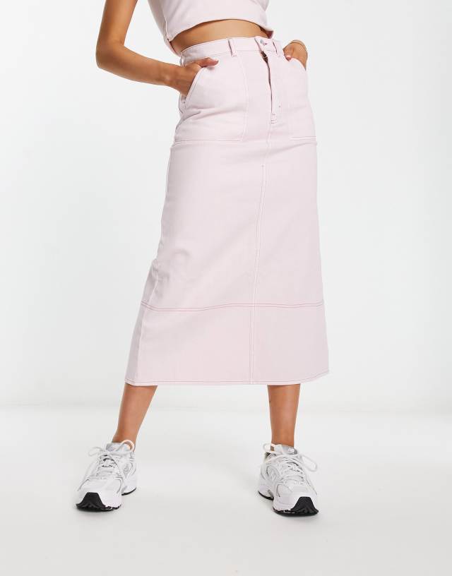 Monki denim midi cargo skirt in pink