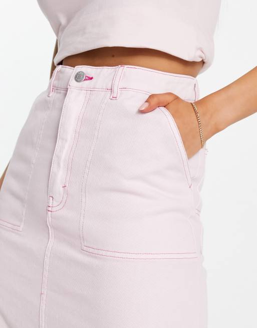 Monki denim midi cargo skirt in pink