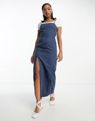 Monki Denim Midi Pinafore Dress In Mid Wash Blue