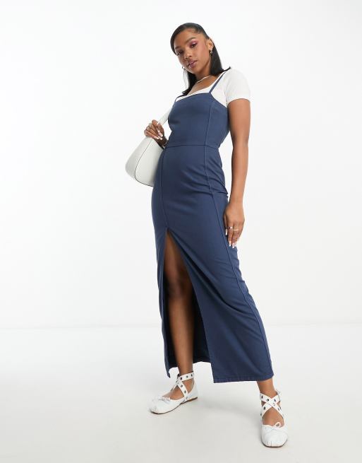 Monki denim midi pinafore dress in mid wash blue