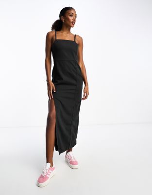 Monki Denim Midi Pinafrore Dress In Black