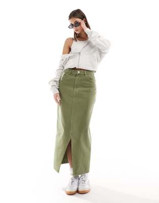 denim midi skirt with slit in khaki green wash