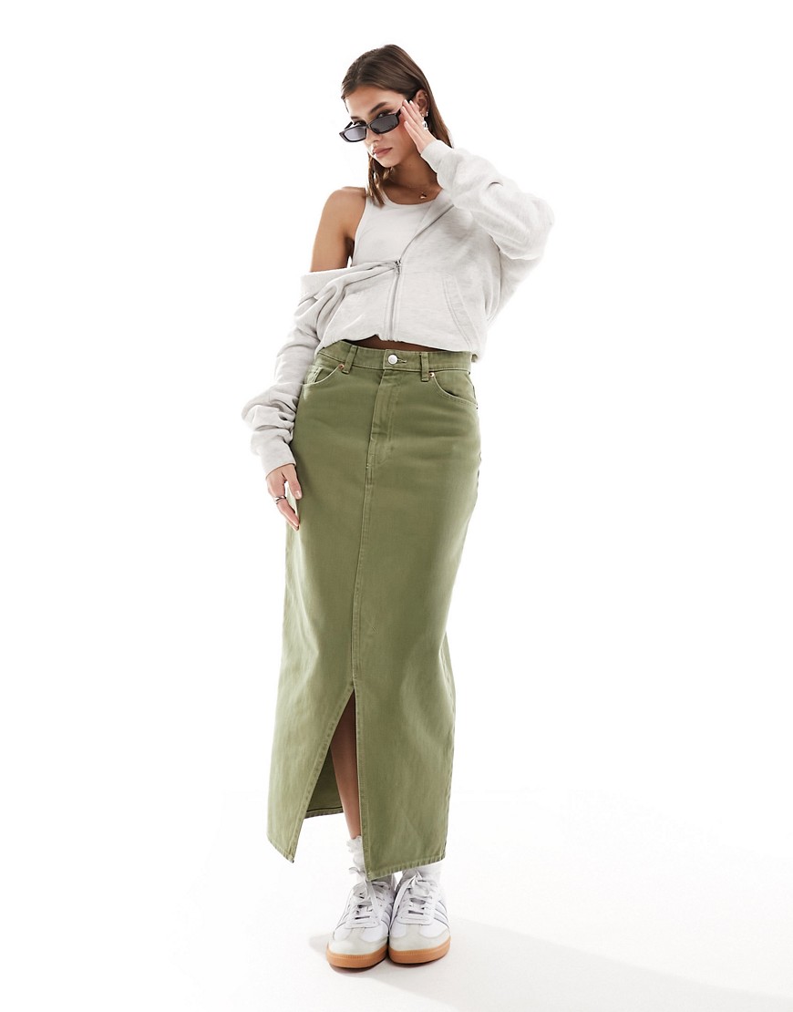 Monki Denim Midi Skirt With Slit In Khaki Green Wash