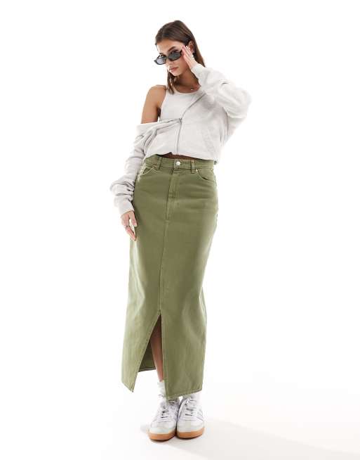 Monki denim midi skirt with slit in khaki green wash ASOS