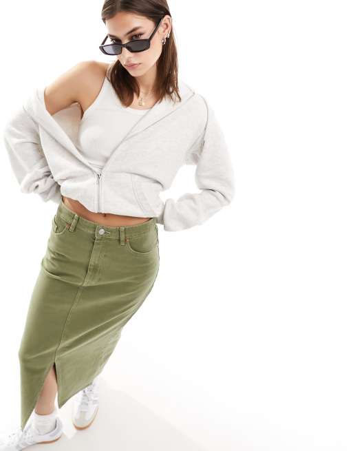 Monki denim midi skirt with slit in khaki green wash ASOS