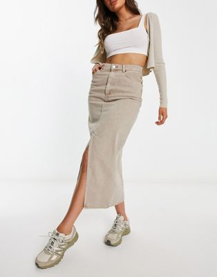 denim midi skirt with split in beige-Neutral