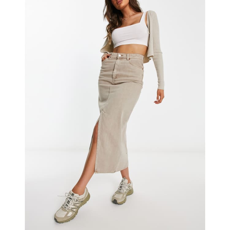 Monki denim midi skirt with split in beige ASOS