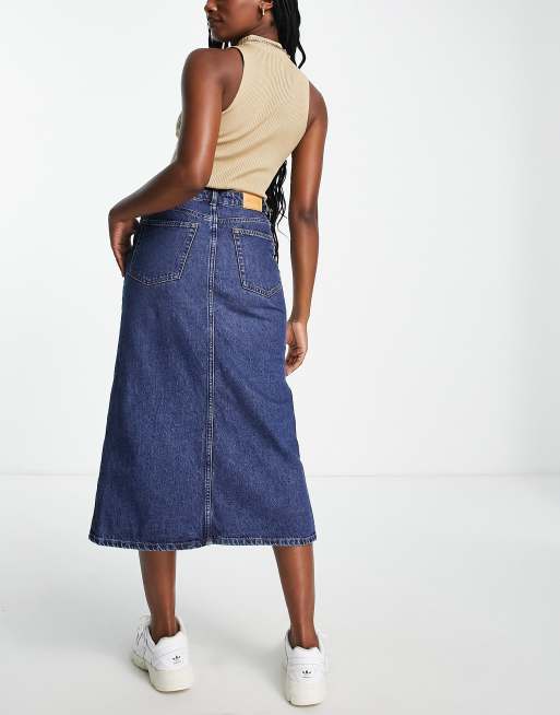 Monki denim midi skirt with split in blue | ASOS