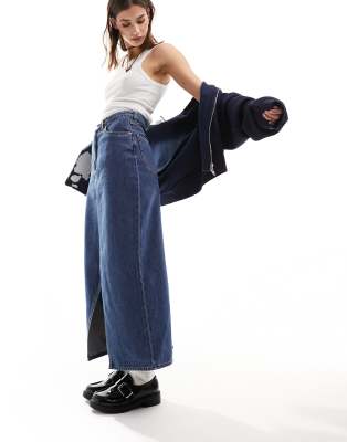 denim midi skirt with split in mid blue wash