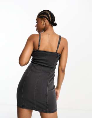 monki black denim dress Monki zip up mini denim dress in washed black
