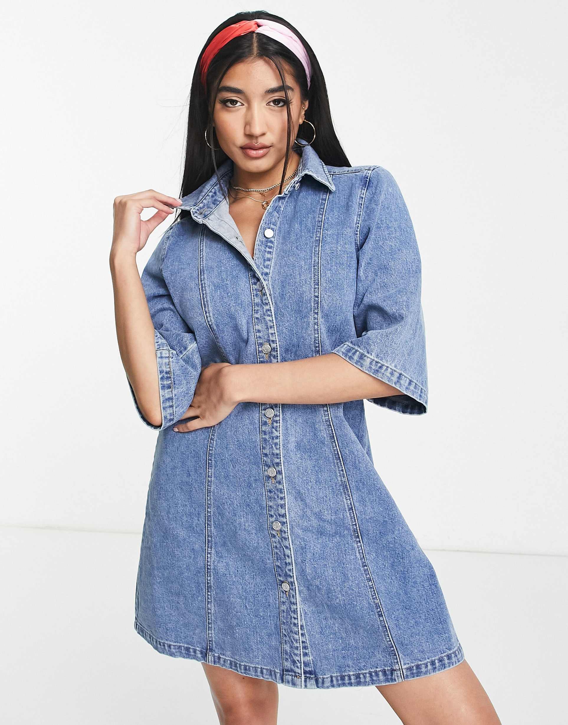 monki denim mini shirt dress in blue
