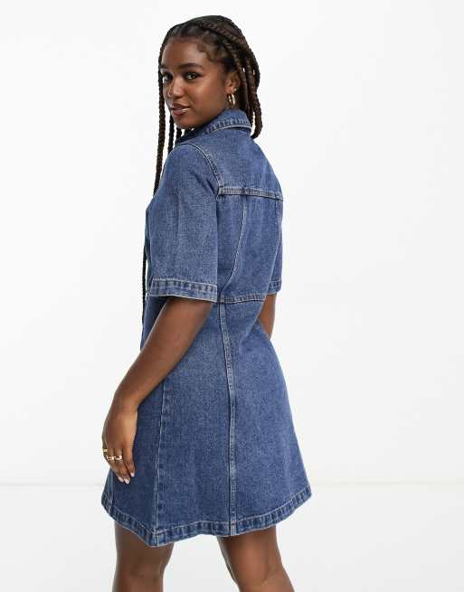 Only oversized denim mini shirt dress in mid blue