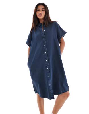 Monki Denim Mini Shirt Dress In Midwash Blue