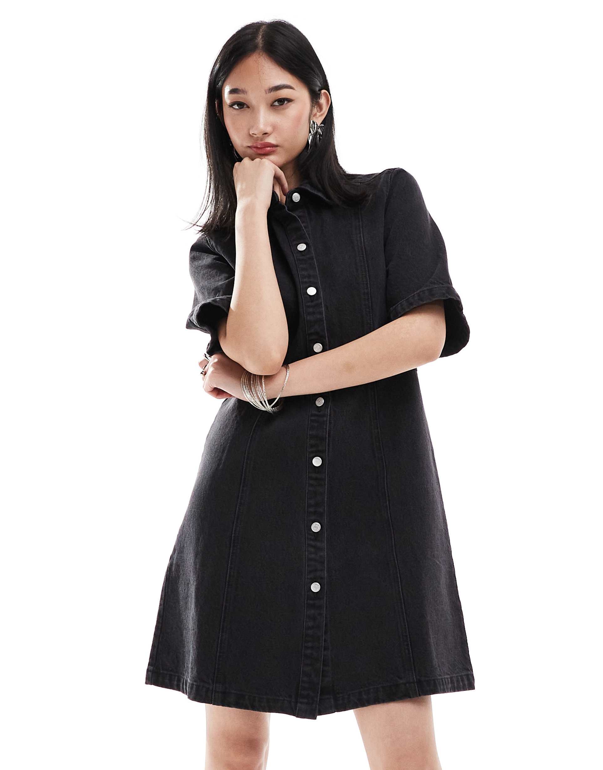 monki denim mini shirt dress in washed black