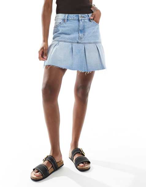 Monki - Denim minirok met plooien in middenblauwe wassing - view 1