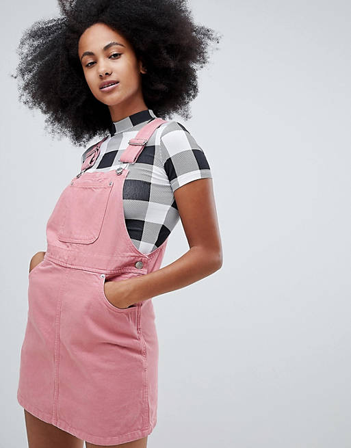 Monki denim overall dress with organic cotton in pink