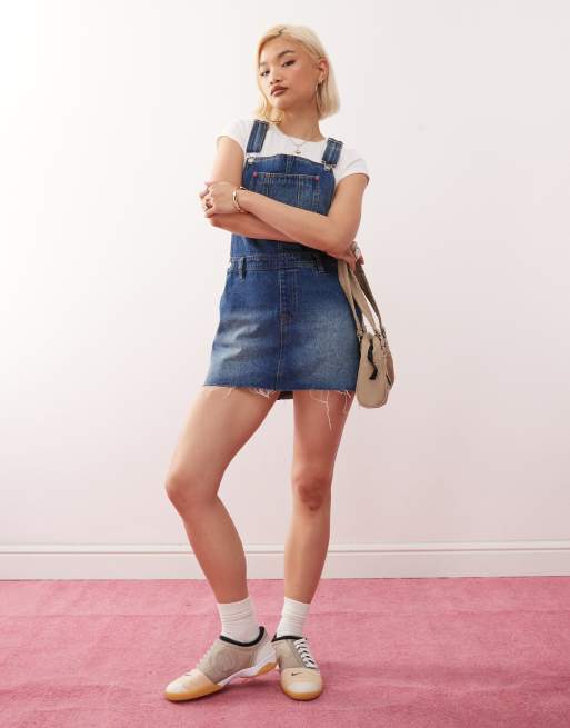 Monki denim overall mini dress in blue wash | ASOS