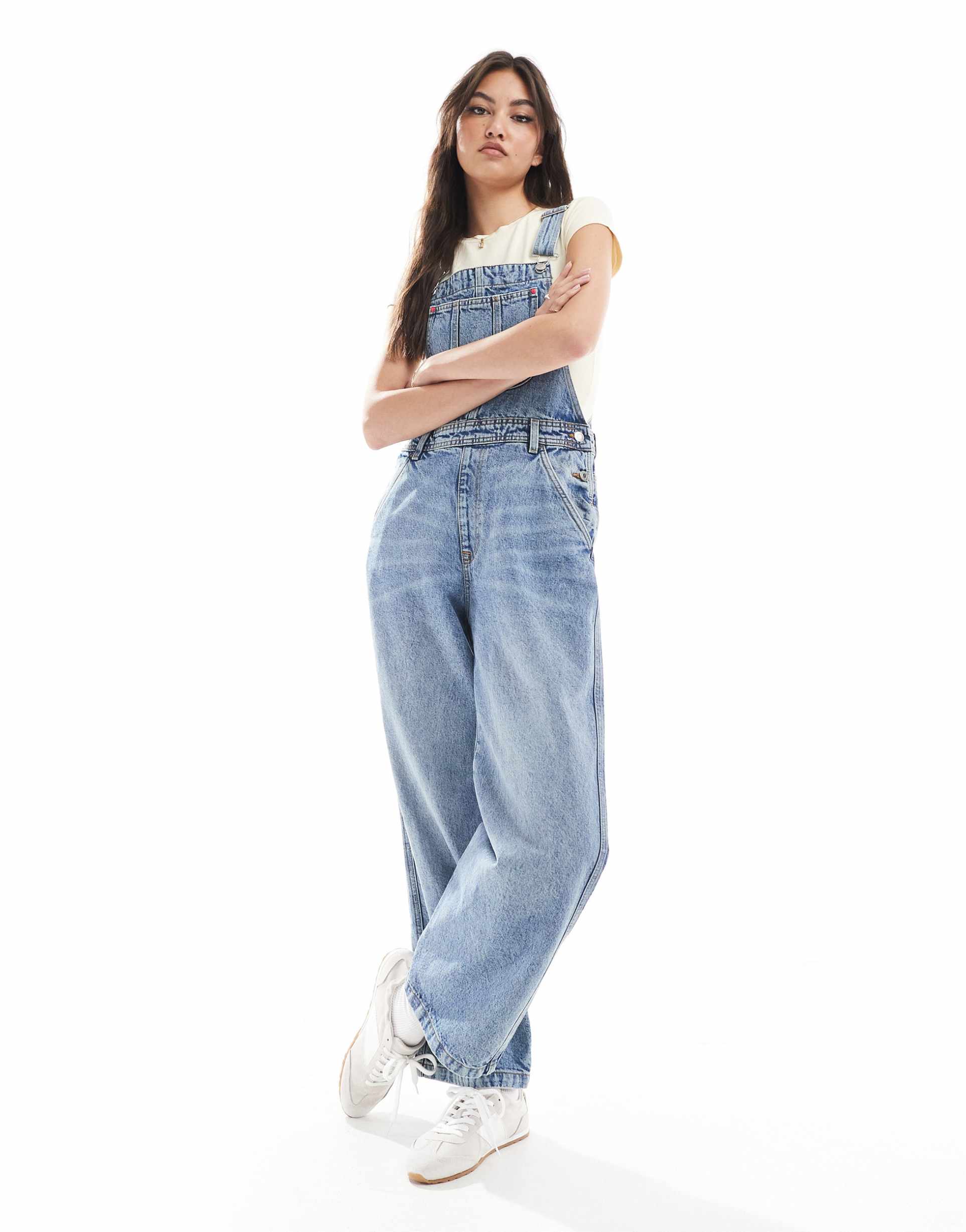 monki denim overalls in mid blue wash