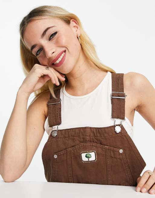 Monki denim overalls with cherry motif in brown | ASOS