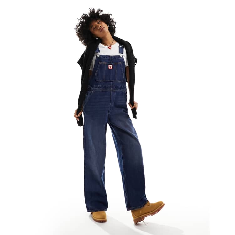 Monki denim overalls with strawberry embroidery in mid wash
