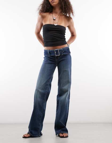 Monki – Denim-Schlagjeans in blauer Effekt-Waschung mit Schnallengürtel - view 1