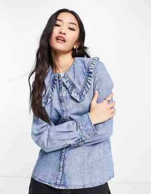 Monki denim shirt with frill collar in blue