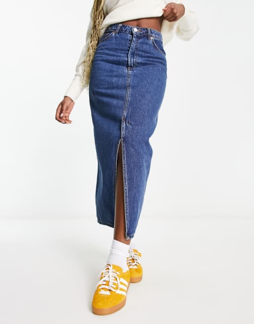 Monki denim split front midi skirt in blue