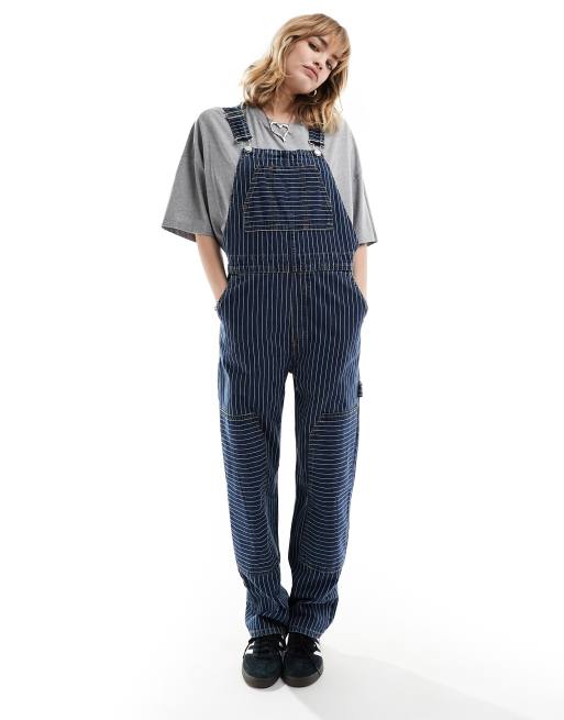 Monki - Denim tuinbroek met workwear-detail en strepen in blauw met wassing