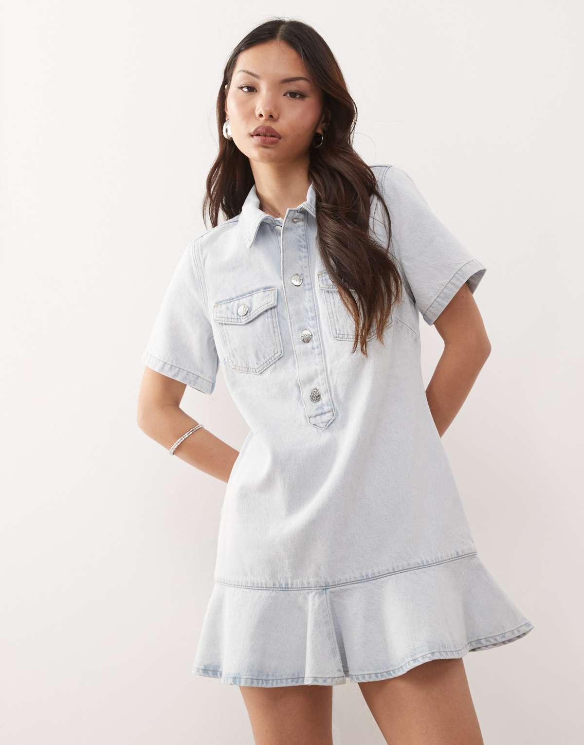 Monki denim tunic dress with flippy hem in light blue wash