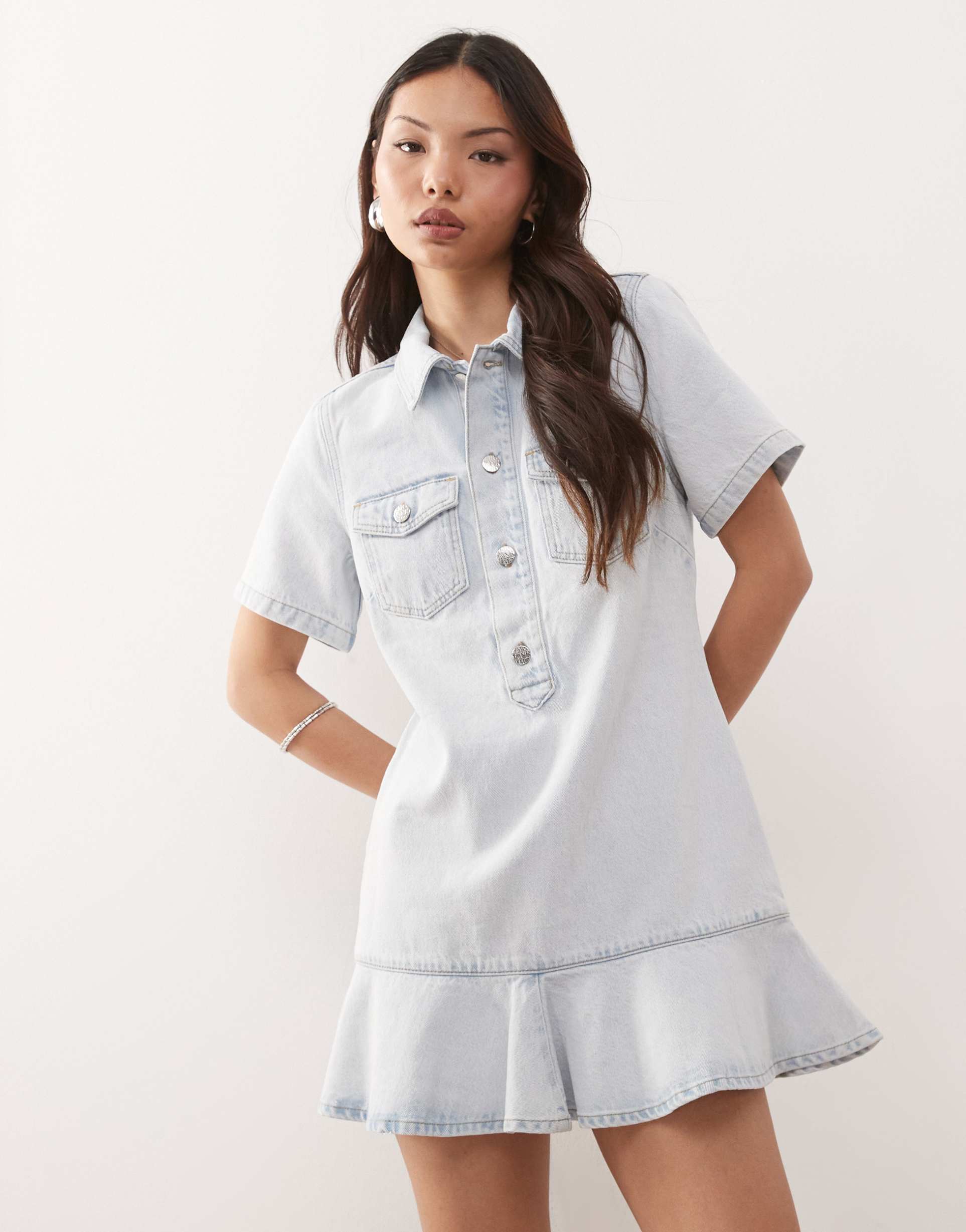 monki denim tunic dress with flippy hem in light blue wash