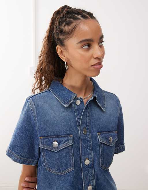 Monki denim tunic dress with flippy hem in mid blue wash | ASOS